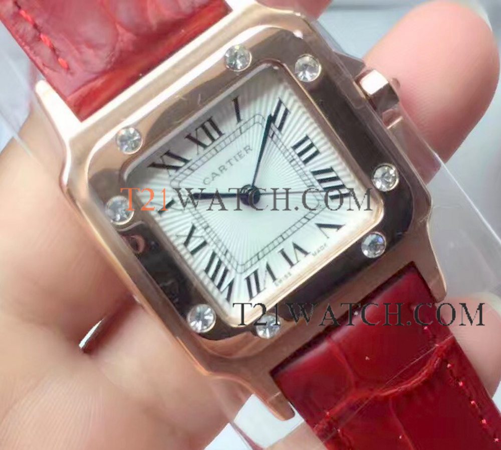 Cartier Santos Ladies Watch Copy Rose Gold Red Band